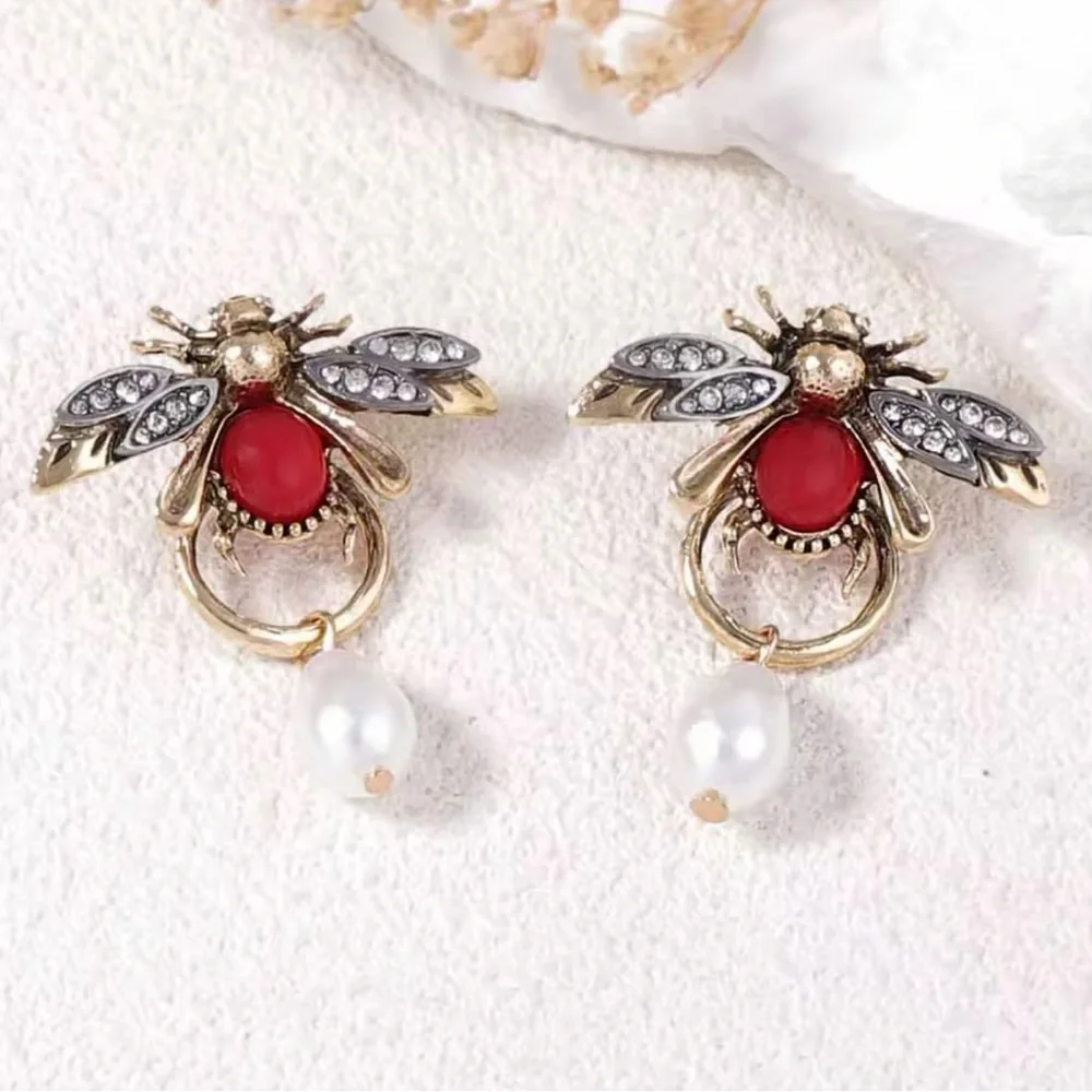 Vintage Luxury Honeybee Gold Red Pearl Drop Earrings